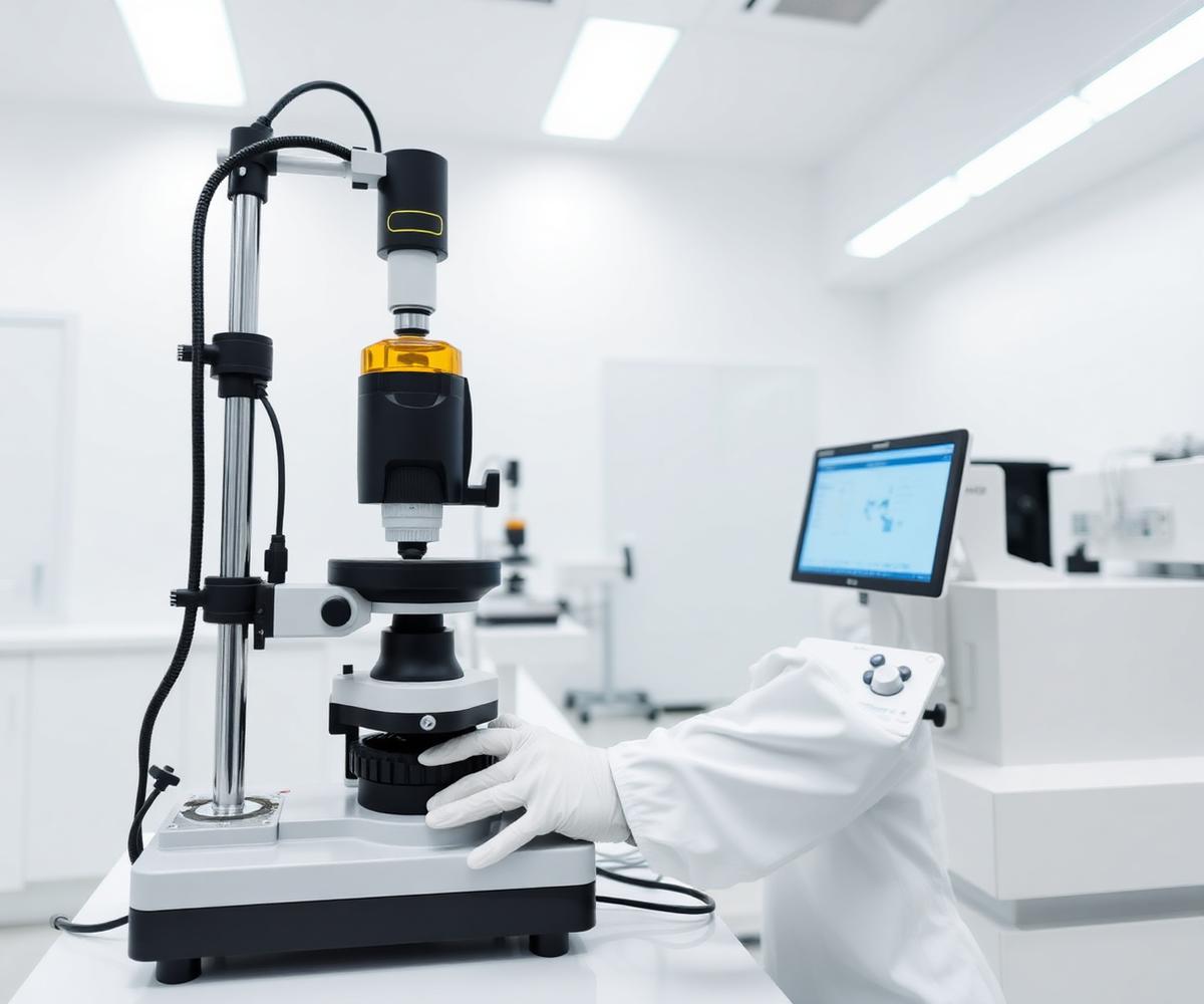Técnico operando equipamento em laboratório de calibração